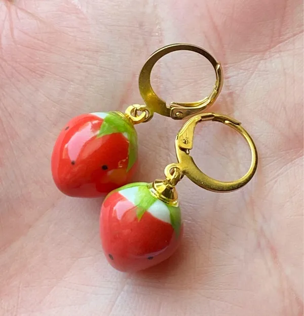 Handmade Kawaii retro fairy y2k ceramic strawberry earrings🍓🐛⭐️🌀 - Image 5