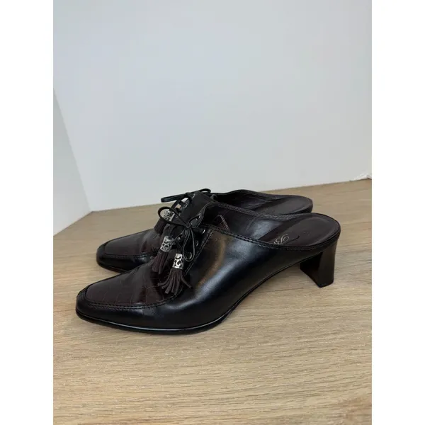 Bia Tassle Mules Women 8M Black Brown Croc Embossed Leather Lace Up Block Heel - Image 3