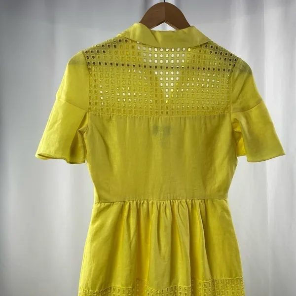 Belle Badgley Mischka Dailey Eyelet Linen Shirt Dress in‎ Yellow Size 0 - Image 5