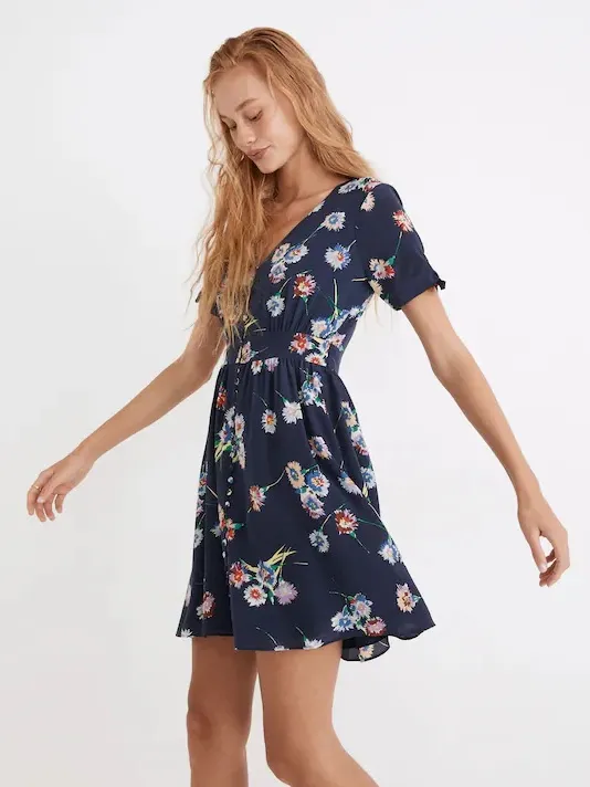 Madewell Blue 100% Silk Button-Front Short Tie-Sleeve Floral Mini Dress Size 14 - Image 2
