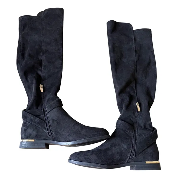 Nine West Black Suede Tall Knee High Buckle Boots Gold Trim Womens Size 8M - Image 5