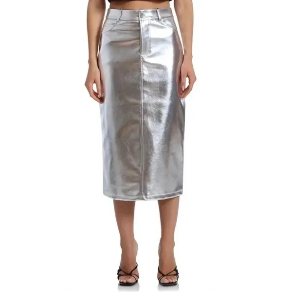 NWT!! AVEC LES FILLES Shimmering Silver Pencil Skirt Metallic Pockets Medium - Image 14
