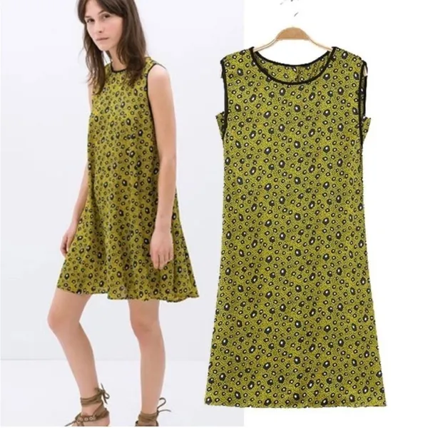 Zara Womens Size Small Sleeveless‎ Shift Dress Yellow Navy White Geo Button Back - Image 2