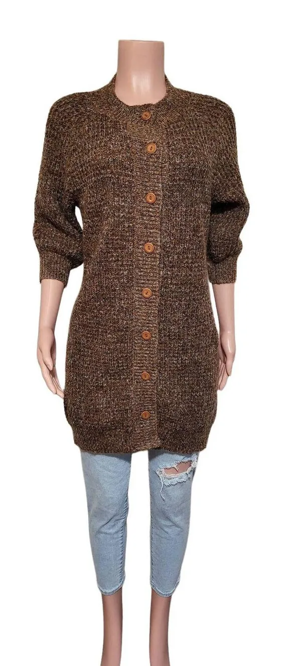 Pulp women's crew neck button-up 3/4 sleeved knit brown cardigan sweater M - Image 4