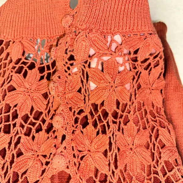 OBR Rust Crochet Lace Cardigan‎ Medium Boho Open Knit Button Front Sweater - Image 3