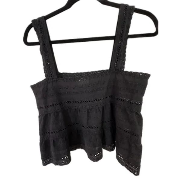 dee elly Babydoll Black Eyelet Square Neck 100% Cotton Cropped Tank Women's Sz S - Image 2