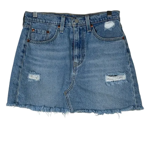 Levi's Mini Skirt Womens 27 Medium Wash Denim Distressed Frayed Hem Casual Y2K - Image 2