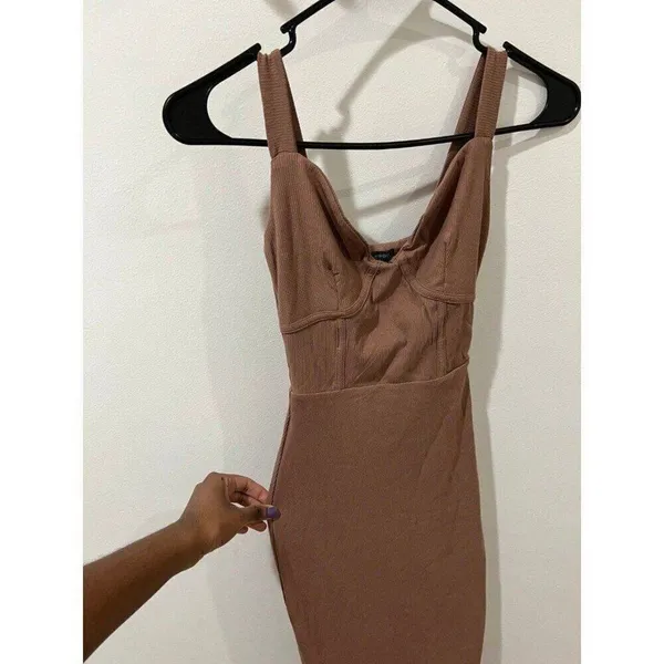 Naked Wardrobe NEW Women XS Brown Faux Bustier Ribbed Hourglass Bodycon Dress - Image 8