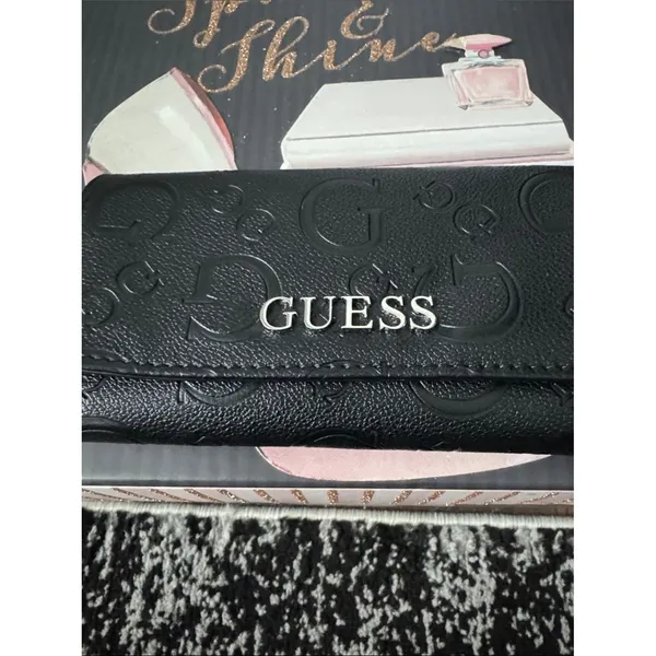 GUESS Black Embossed Logo Foldover Wallet with Silver Lettering - Image 3