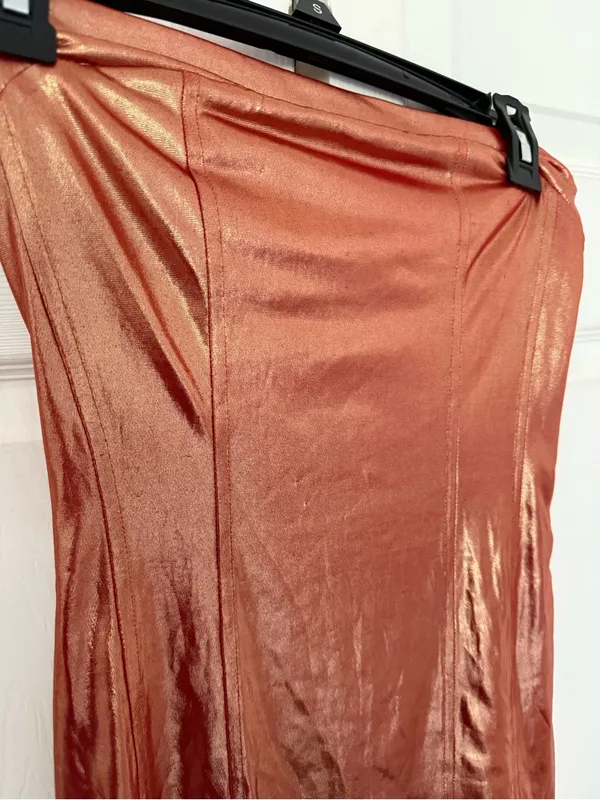 Urban Outfitters Kristy Disco Metallic Mini Dress Strapless Orange Shiny Small - Image 5