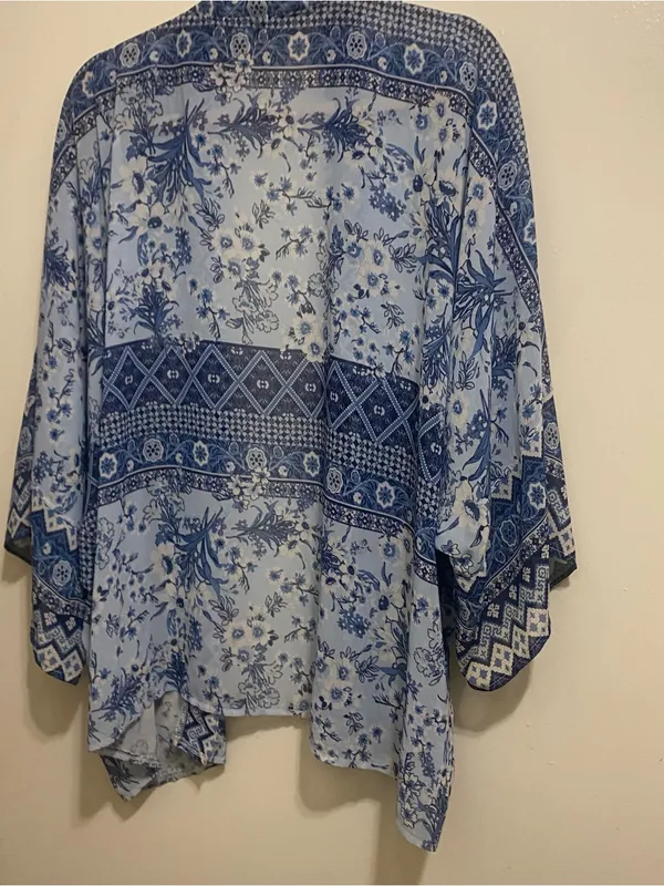 One World Womens L Large 50” Kimono Cardigan Cover Up Blue Boho Print Beach - Image 8