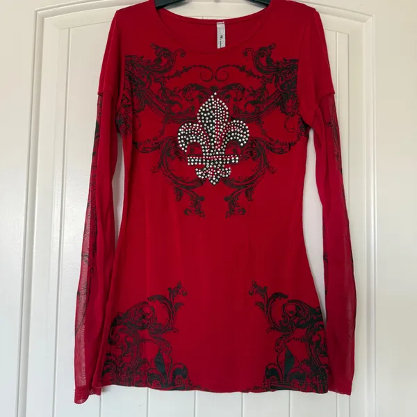 Y2K Gothic Rhinestone Fleur-de-Lis Mesh Sleeve Top ❤️ Red & Black Baroque | Mi Manchi Small - Image 5