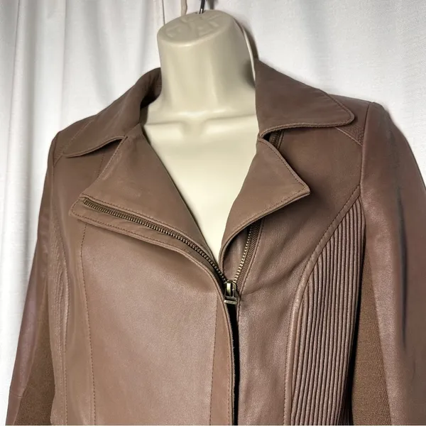 My Tribe Leather Moto Jacket Brown Full Zip Asymmetric Hem Biker Rocker XS Y2K - Image 3