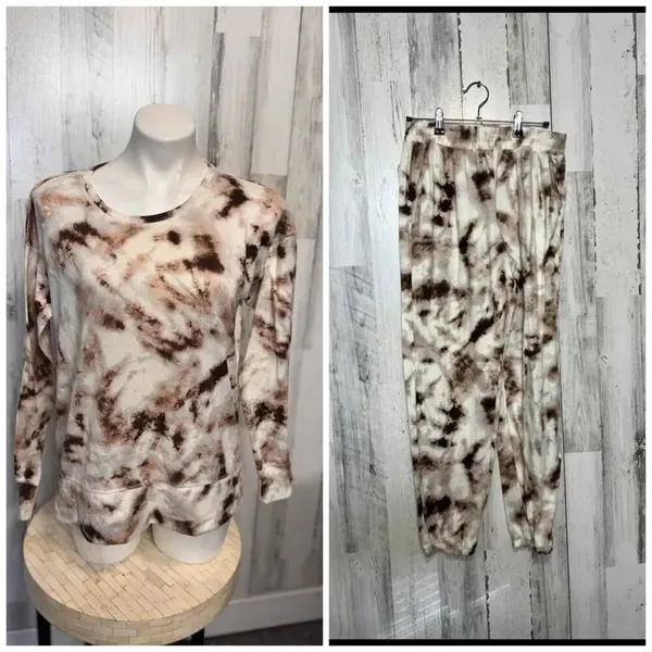 Dunnes Stores Tie Dye Lounge Set Size Small Brown Cream Sweatshirt Joggers Match - Image 2