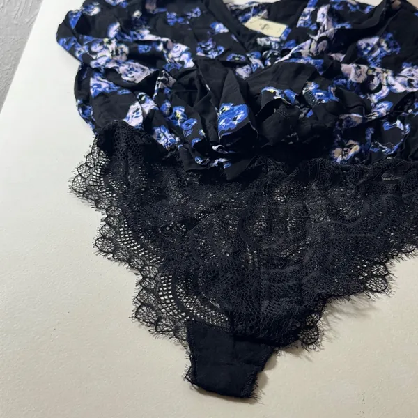 NWT Free People Intimately Floral Bodysuit Black‎ Blue Tie Front Lace S OB700661 - Image 8