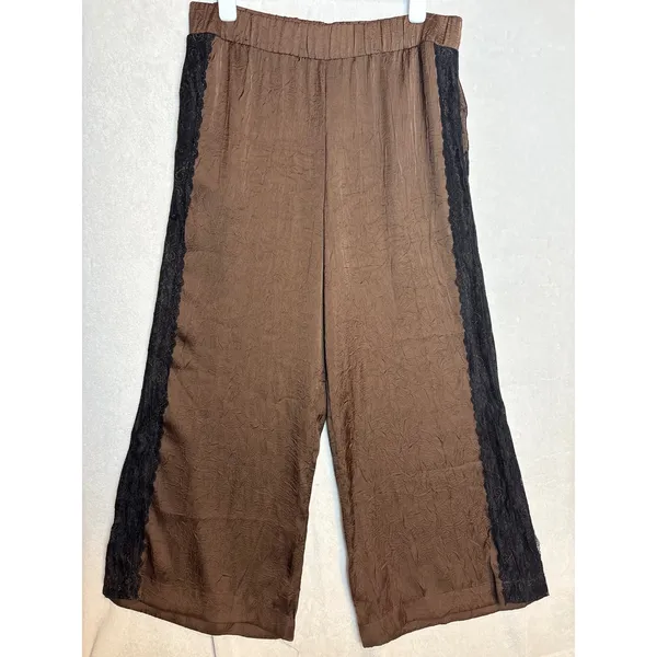 Anthropologie Brown Crinkle Satin Wide Leg Pants Black Lace Trim XL NEW - Image 2