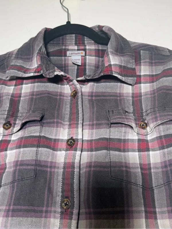 Carhartt Womens Gray & Maroon Plaid Flannel Shirt Large 12/14 Work Casual Rodeo - Image 2