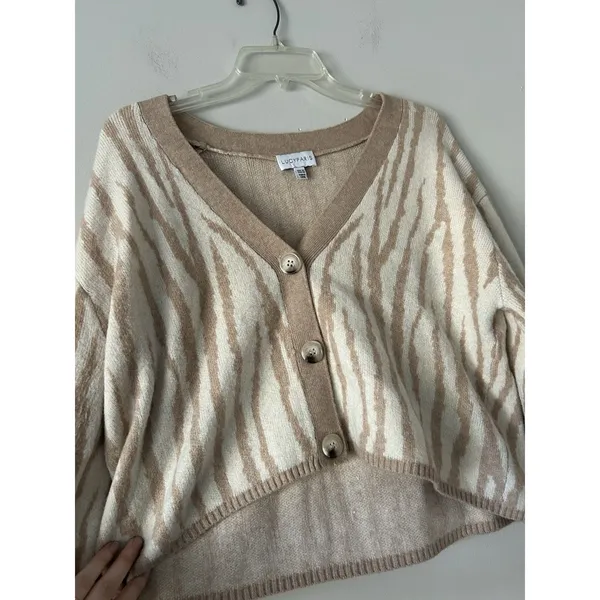 Lucy Paris Zebra Patterned Tan & Cream Cropped Cardigan Size Medium Soft Cozy - Image 3