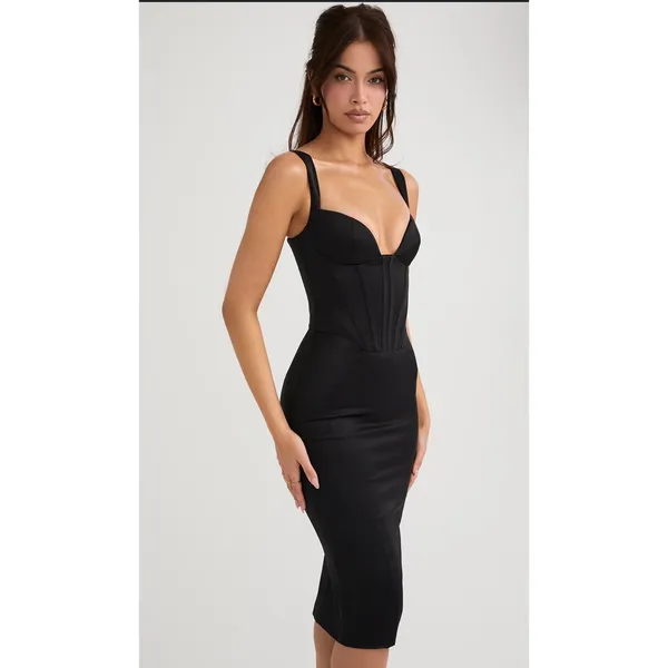 House of CB FIORELLA Black Satin‎ Corset Midi Dress Size Small Feminine Sexy - Image 2