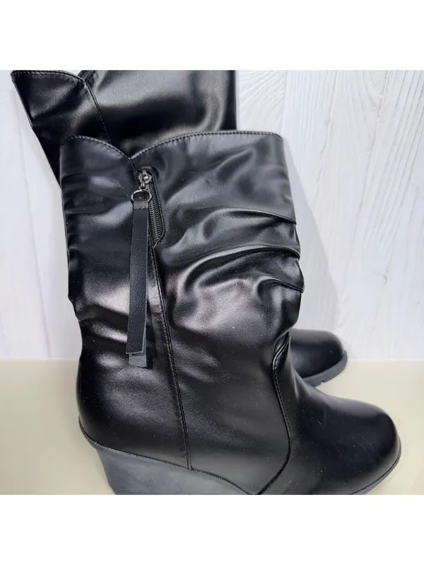 Women’s Black Slouch Mid-Calf Wedge Boots Size 38 (US 7.5-8) NWOT - Image 4