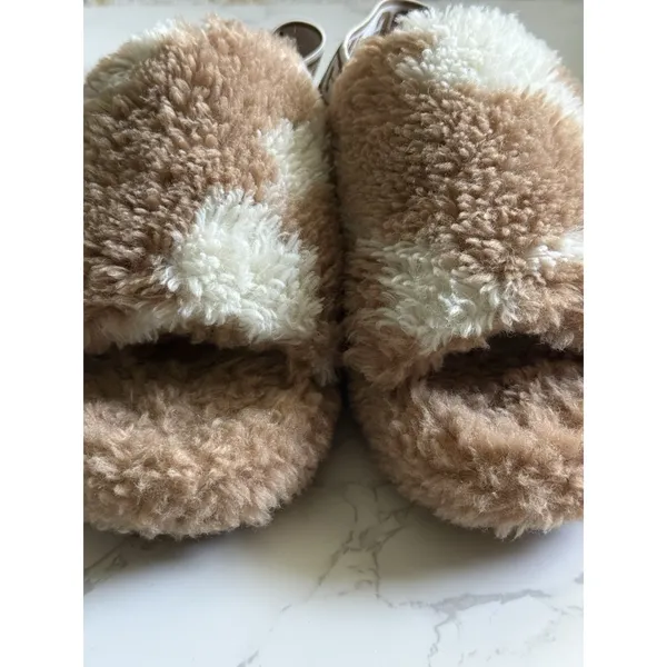 UGG Fluff Yeah Cow Print Shearling Slide Slippers Women's US 8 EU 39 Beige Tan - Image 10
