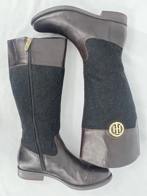 Tommy Hilfiger Madelen 2 Brown Leather Charcoal Wool Gold Logo Riding Boots 9.5 - Image 3