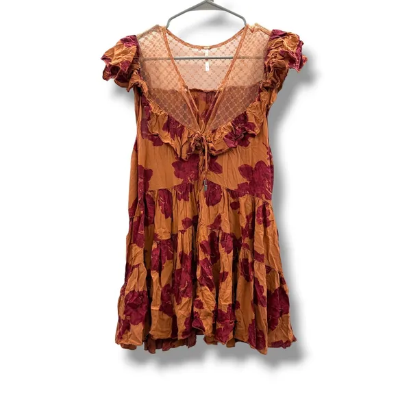 Free‎ People Tilly Printed Tunic Dress Medium Orange Floral Ruffle Boho Mini - Image 2