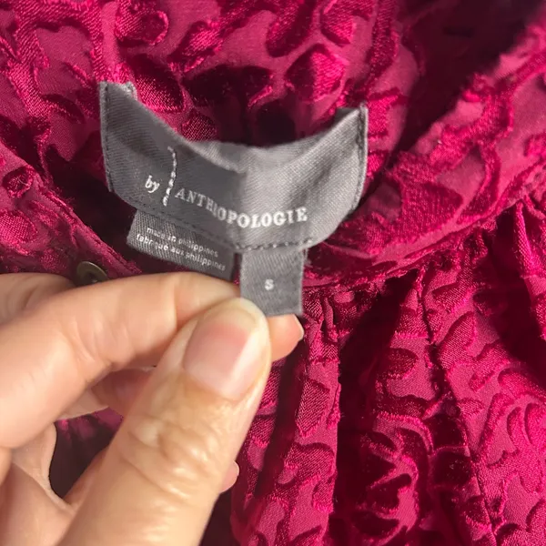 Anthropologie Susanna Velvet Deep Red Patterned B/D Blouse | Small - Image 9