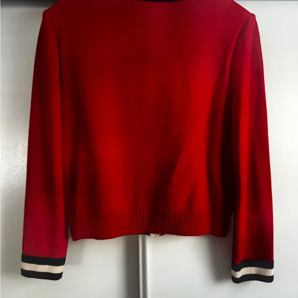 St. John Collection Red Knit Open-Front Jacket with Black and Cream Trim - Image 7