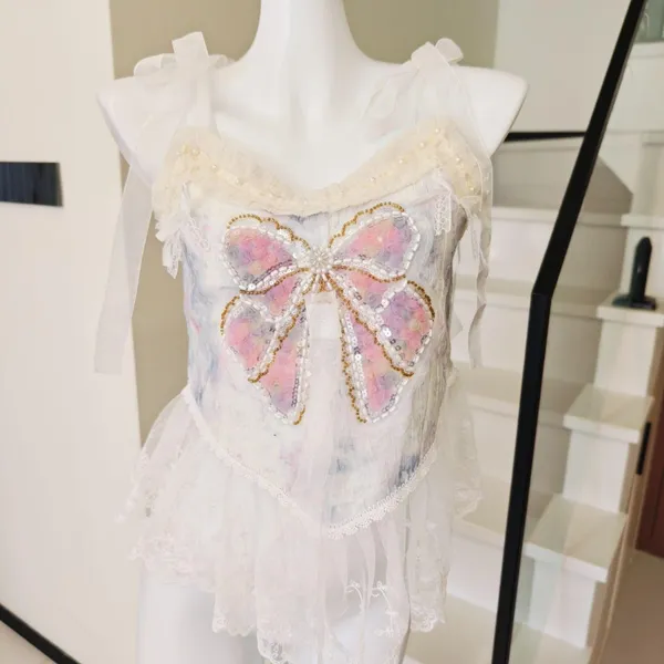 Sheer Mesh Cami Top Beaded Bow Embroidery Lace  - Image 2