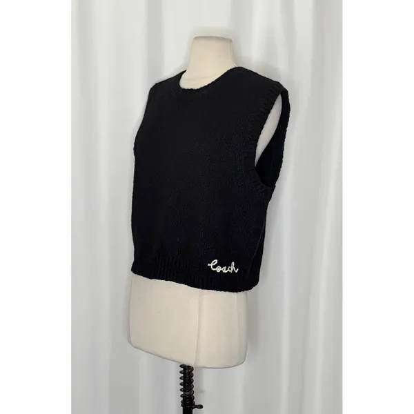 COACH Crewneck Sweater Vest Black Embroidered Organic Cotton Wool Cashmere Large - Image 5