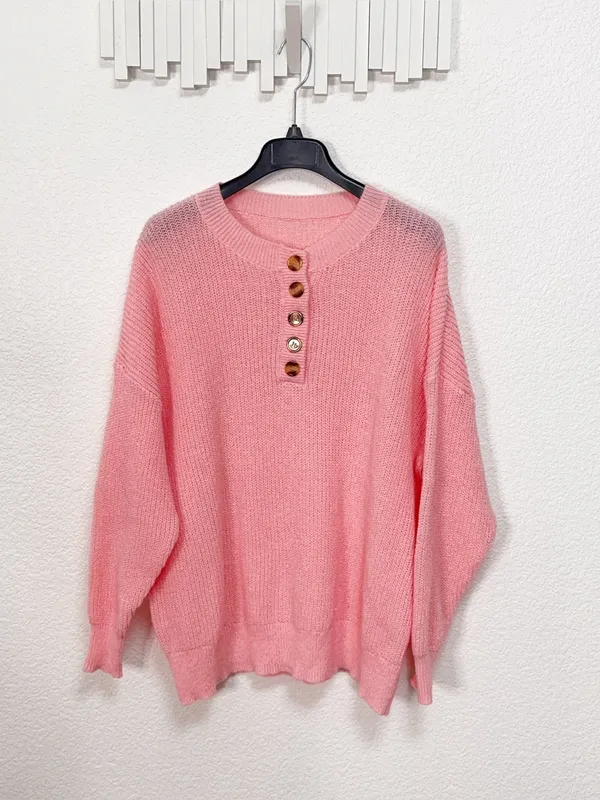 Amazon Coral Pink Oversized Henley Button Pullover Knit Sweater - Image 2