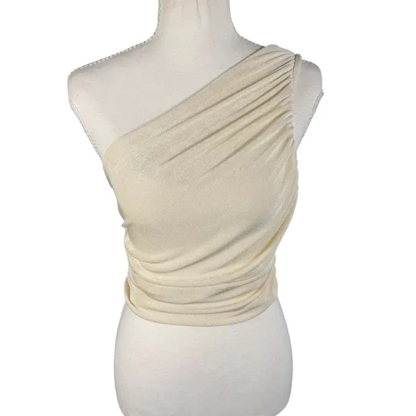 Cream One Shoulder Ruched Top Womens Small Shimmer Stretch Going Out - Image 3