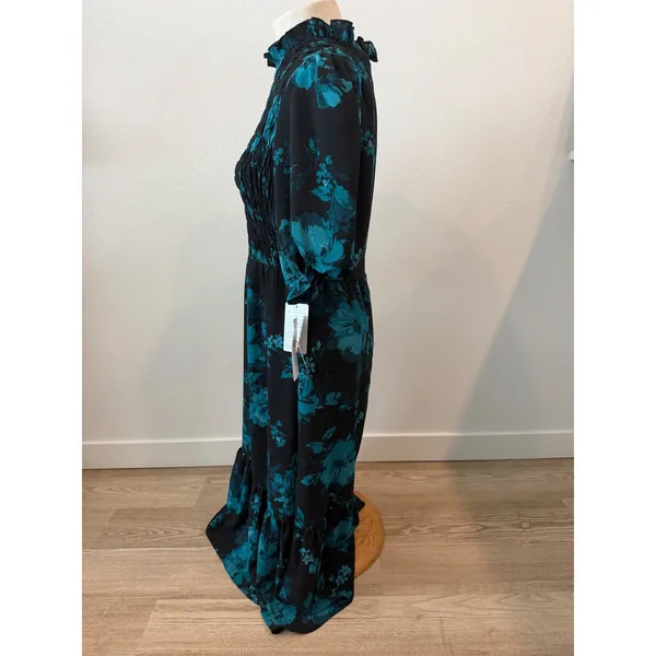 London Times Teal Black Floral Smocked Maxi Dress Puff Sleeve T6020M NWT Size 8 - Image 3
