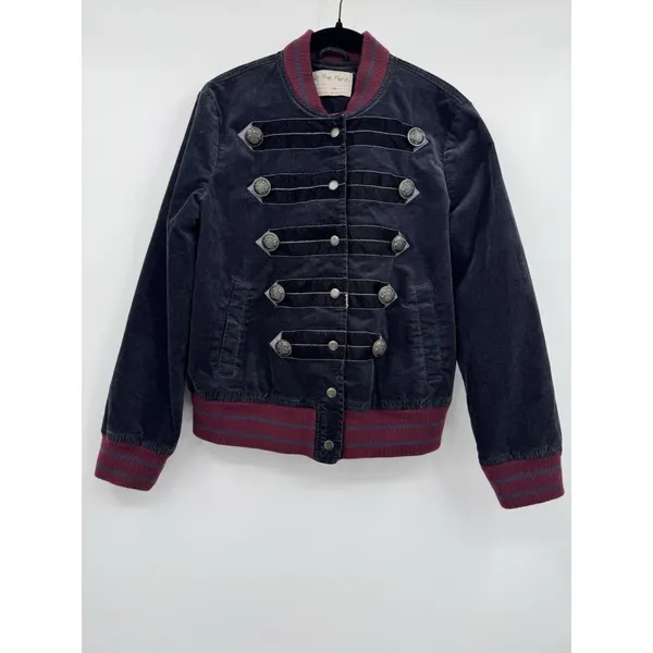 Free People Jacket Womens XS Black Red Atlas Corduroy Cord Bomber Coat Steampunk - Image 3