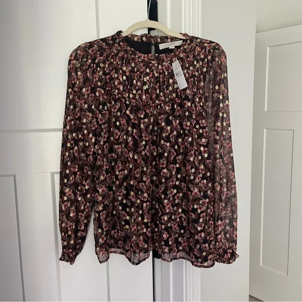 NWT Loft Shimmer Vine‎ Pleated Yoke Blouse Black Long Sleeve Top - Image 3