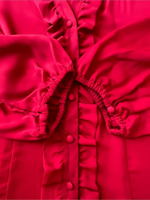 Jaclyn Smith Red Satin Ruffle Button Front 3/4 Balloon Sleeve Blouse Women’s M - Image 8