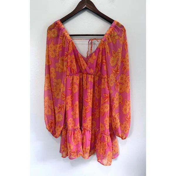 Big Water Blue Sky Pink Floral Chiffon Long Balloon Sleeve Mini Dress Sz M - Image 2