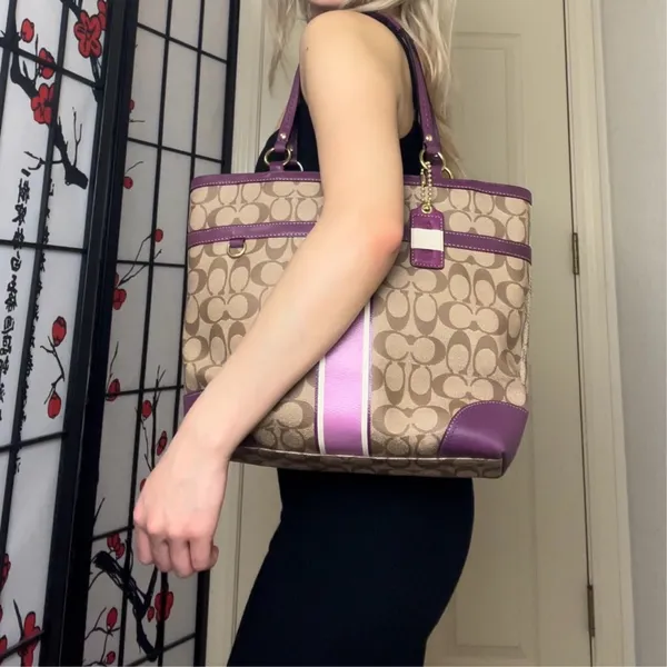 Vintage Brown Coach Signature Plum Berry Heritage Stripe Tote Shoulder-Bag Purse - Image 3