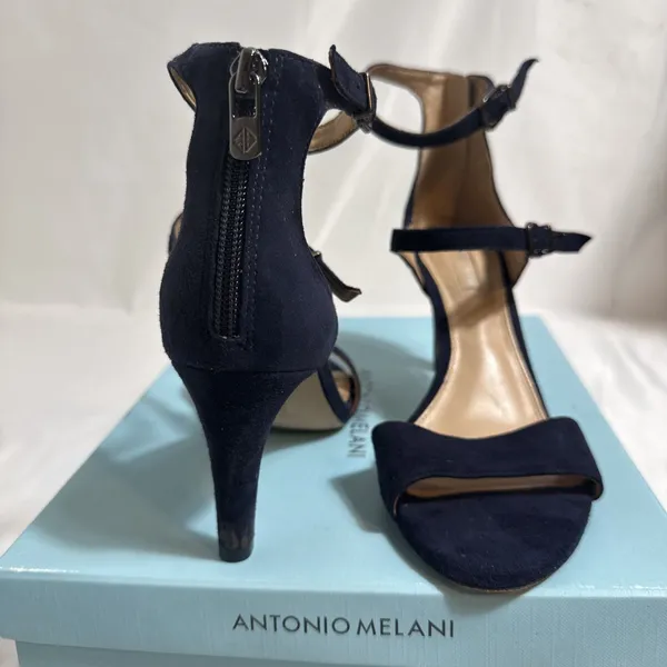 Antonio Melani Navy Suede Shoes Womens 8 M Open Toe Strappy Heels Zipper - Image 9