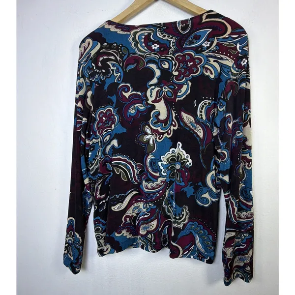 Chico's 2 Travelers Black blue large Paisley Floral Long Sleeve Blouse western - Image 8