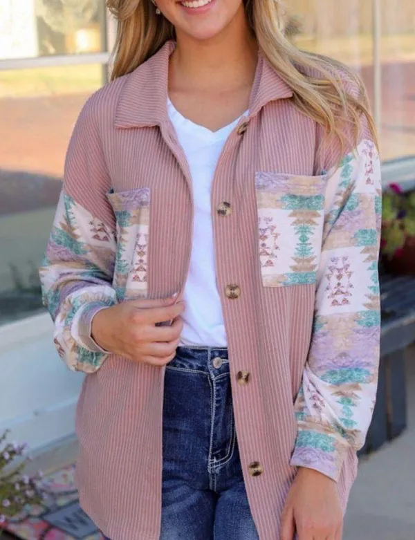 NEW Mauve Pink Aztec Print Corduroy Look Shirt Jacket Shacket - Image 7