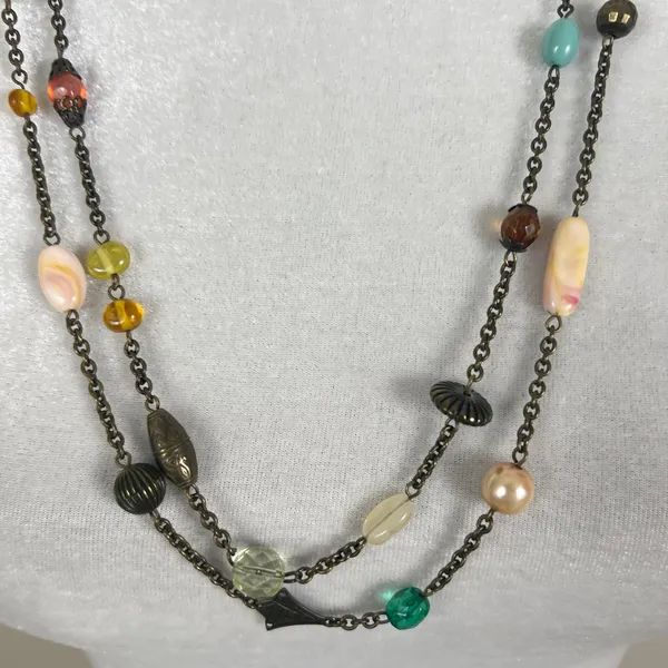 Multicolor Multi Shape Beaded Gold Tone Chain Long Layering Necklace Green - Image 3