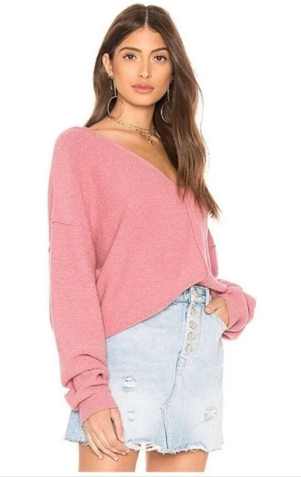 Free People Take Me Places Pink Oversized V-Neck Sweater Extra Small - Image 2