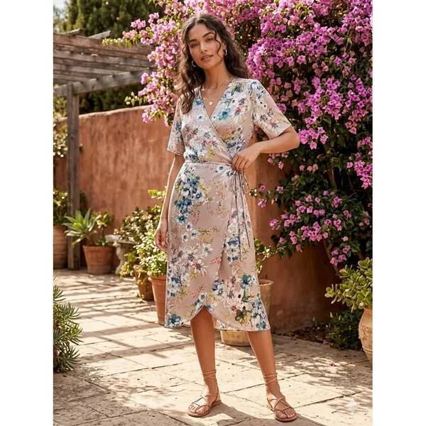 Luna Floral Wrap Dress Mauve Blue V-Neck Short Sleeve Small 17659 Soft‎ Romance - Image 3