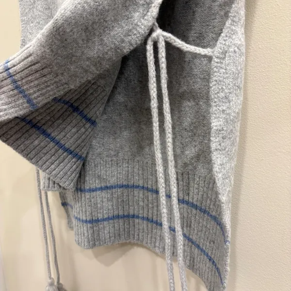 Free People‎ All Star Stripe Poncho Vest Gray Blue V-Neck Side Tie Tassels OS - Image 8