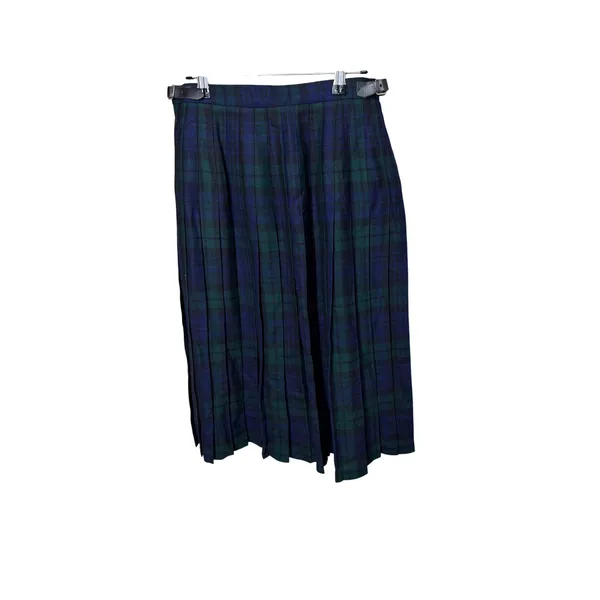 Pure New Wool Black Watch Tartan Plaid Wrap Skirt Navy Green Leather Buckle - Image 5