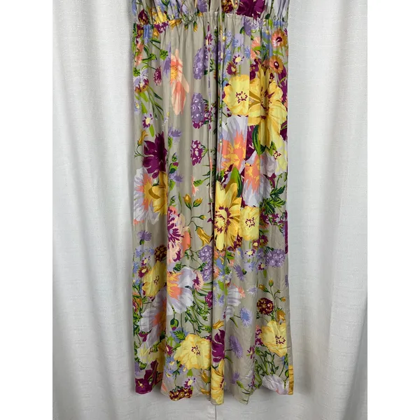 H&M Brown Purple&Pink Floral Deep V Linen&Cotton Maxi Dress Sz.M - Image 6