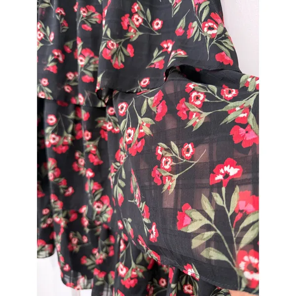 Draper James RSVP Black Red Floral Tiered Midi Skirt Elastic Waist Large L - Image 9