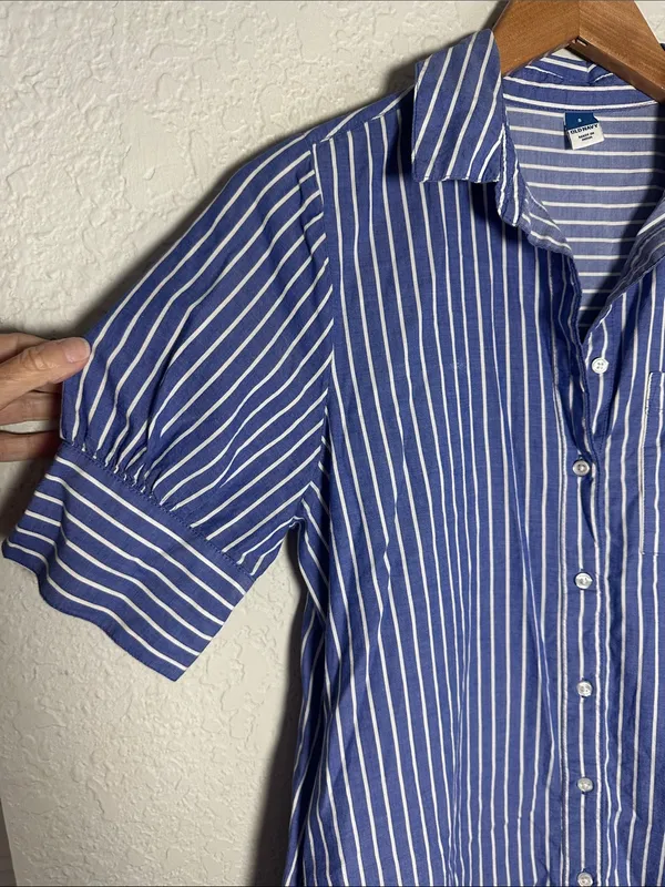 Old Navy Blue White Striped Button Front Shirt Dress Preppy Coastal Nautical - Image 5